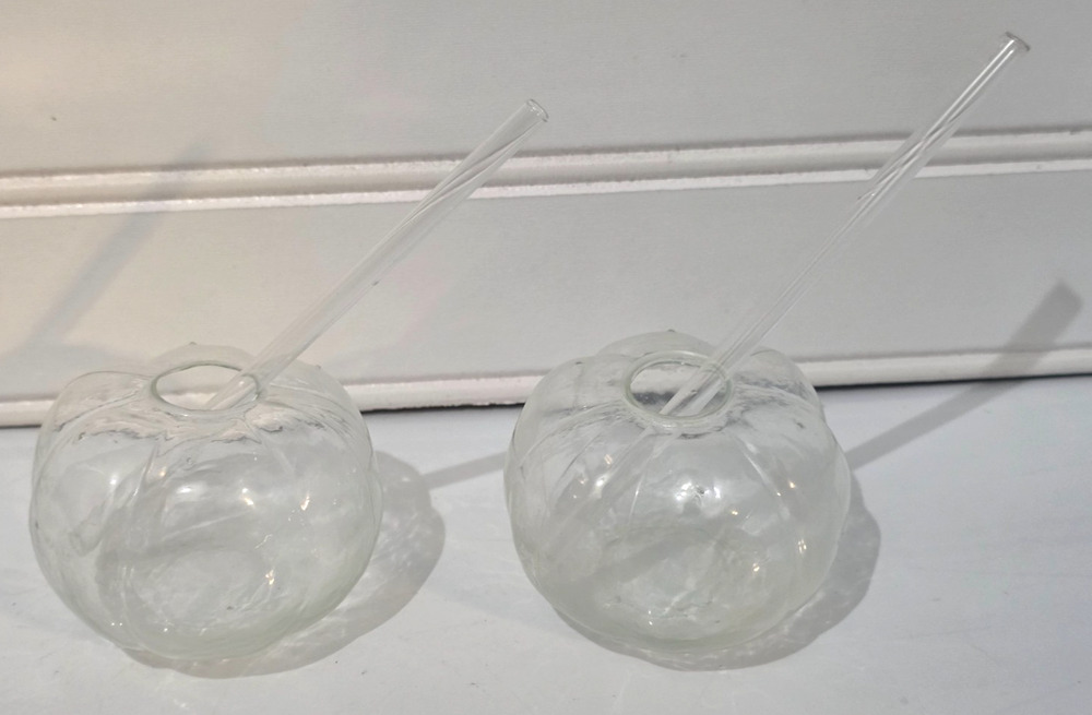 Set of 2 Vintage Halloween Pumpkin Shaped Juice Glasses with Glass Straws